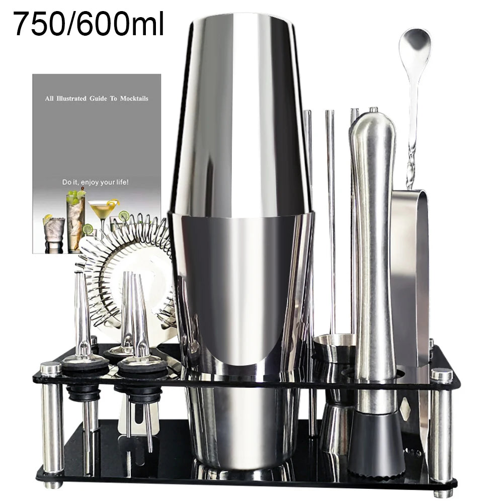 13-22Pcs 750ml 600ml Boston Cocktail Shaker Bar Tools Wine Mixer Set Bartender Cocktail Shaker Tool Kit with Holder